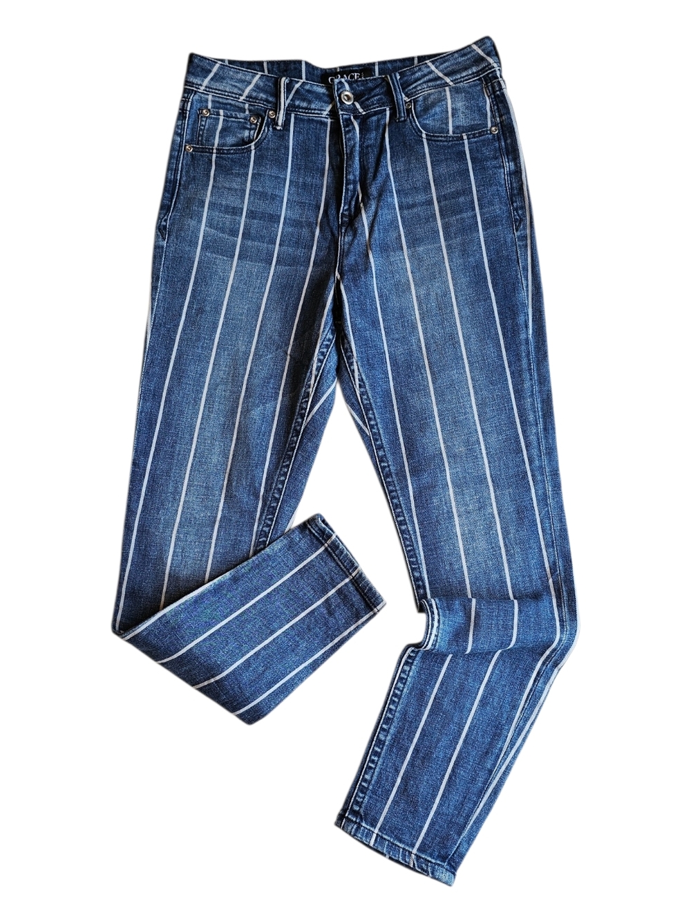 Grace in LA Skinny Jeans Womens 30 Striped Denim Blue White Stretch
